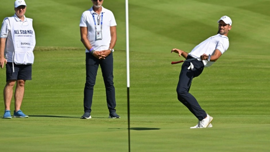 Novak Djokovic (R) enjoyed seven holes on the Ryder Cup course
