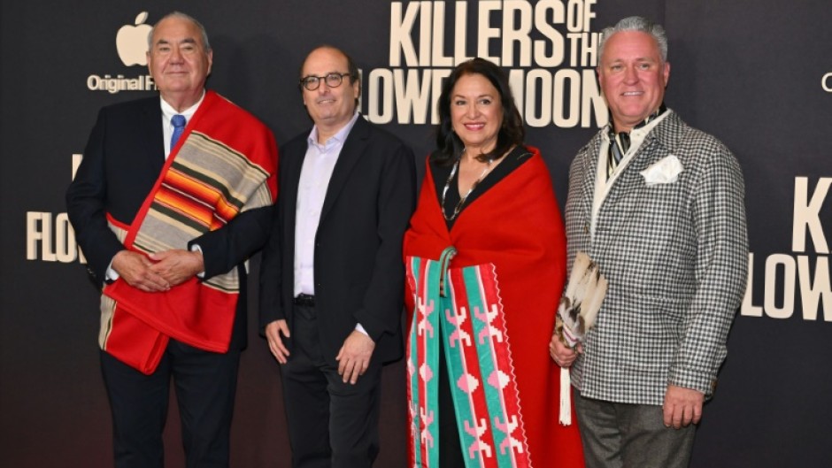 (L-R) Osage Nation leader Geoffrey Standing Bear, writer David Grann, Julie Standing Bear and Osage designer, Chad Renfro, at the movie's preview