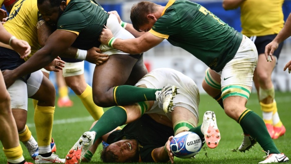 South Africa's Vermeulen (C bottom) in action during the Rugby World Cup Pool B match against Romania in Bordeaux