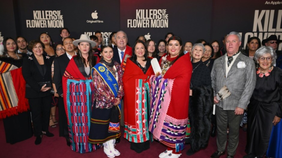 (Front L-R) Julie O'Keefe, Addie Roanhorse, Osage Nation Princess Lawren "Lulu" Goodfox, Osage Nation Principal Chief Geoffrey Standing Bear, Julie Standing Bear, Osage Nation Princess Gianna "Gigi" Sieke, Chad Renfro attend the premiere of "Killers of the Flower Moon"  in New York September 27, 2023