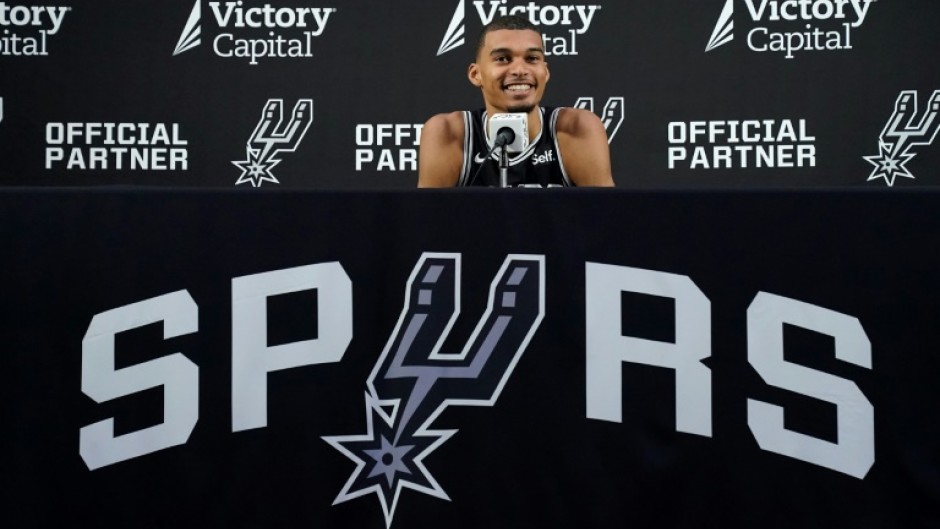 San Antonio Spurs French center Victor Wembanyama speaks at the San Antonio Spurs media day on Monday