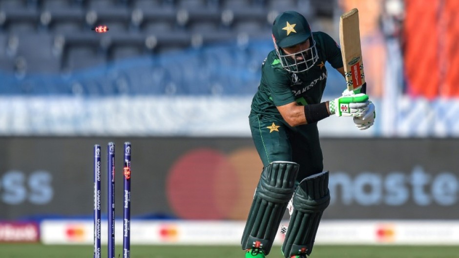 That's out: Pakistan's Mohammad Rizwan is clean bowled by Netherlands' Bas de Leede 