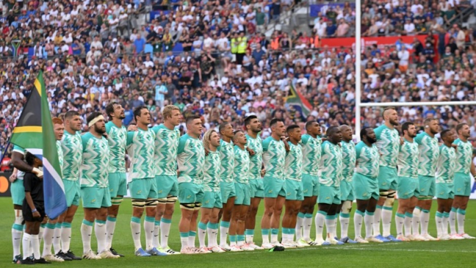 South Africa's players line up for the national anthems ahead of their Rugby World Cup Pool B match against Scotland