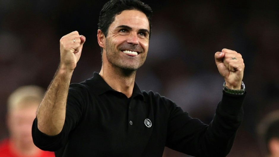 Arsenal manager Mikel Arteta celebrates their victory against Manchester City