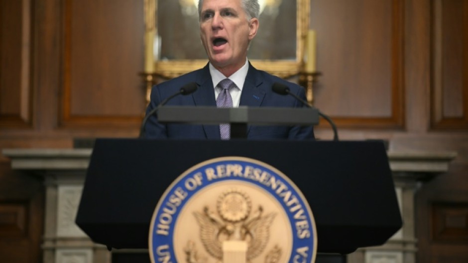 Ousted speaker Kevin McCarthy addresses a press conference at the US Capitol in Washington on October 9, 2023