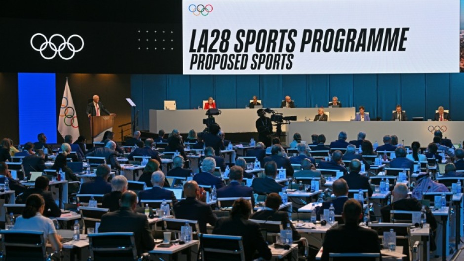 A digital display shows the new sports proposed to feature at the 2028 Olympic Games in Los Angeles