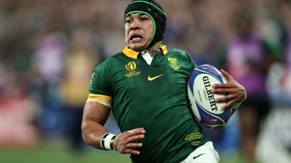 South Africa wing Cheslin Kolbe scores against France in Paris 