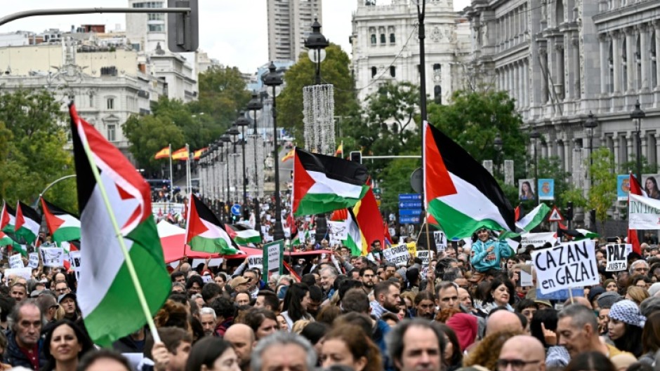 Protestors wave Palestinian flags and hold signs at a demonstration in support of the Palestinian people in Madrid