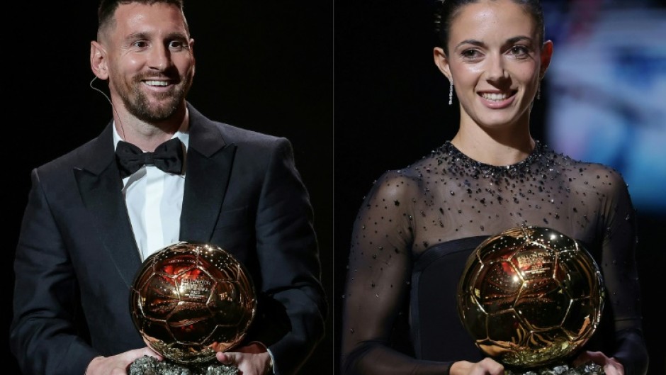 (COMBO) Lionel Messi and Aitana Bonmati with their trophies after winning the men's and women's Ballon d'Or awards on Monday