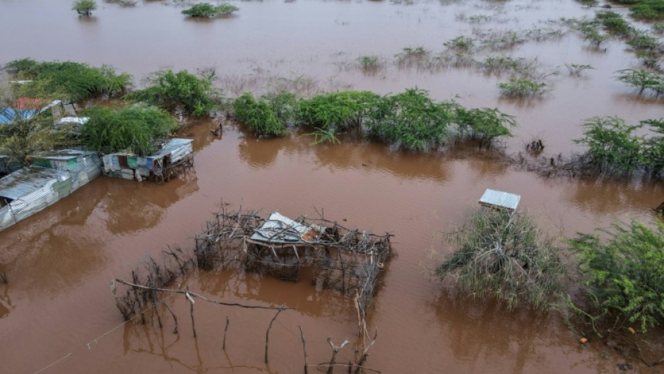This aerial view shows a general view of a flooded area in Dolow, Somalia following devastating floods on November 25