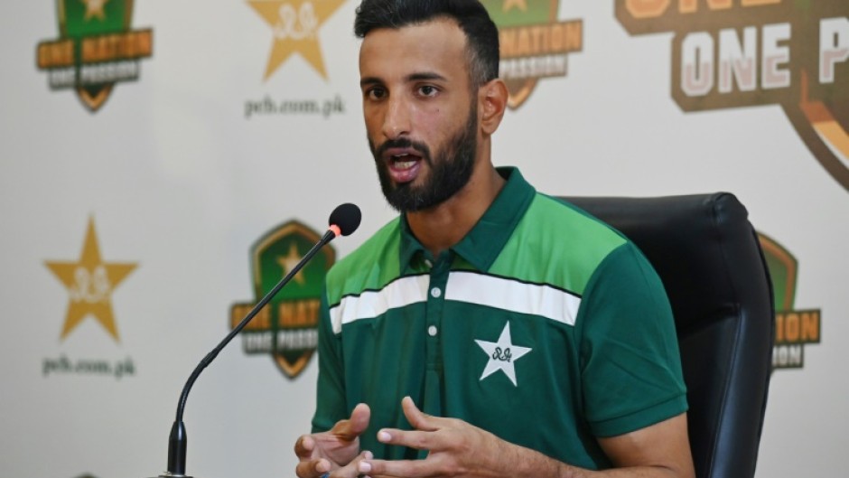 Pakistan captain Shan Masood at a press conference at the Gaddafi Cricket Stadium in Lahore