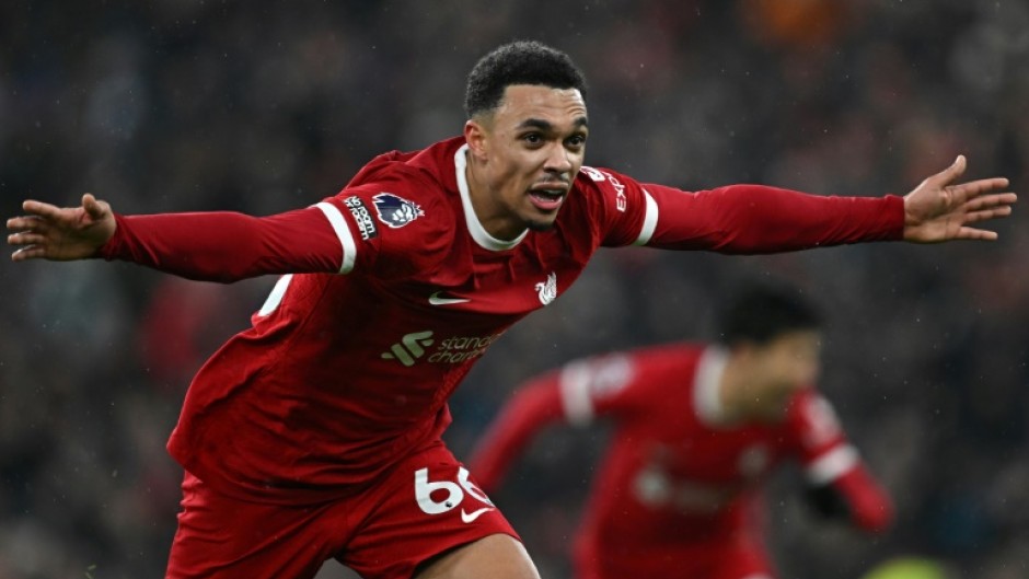 Trent Alexander-Arnold celebrates after scoring Liverpool's fourth goal against Fulham at Anfield