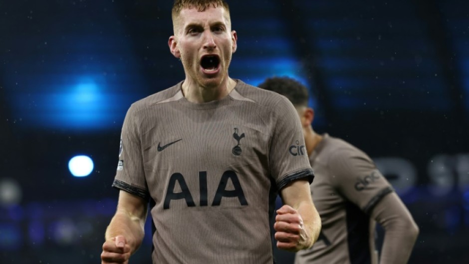 Dejan Kulusevski celebrates after scoring Tottenham's third goal against Manchester City