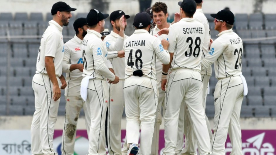 New Zealand celebrate the dismissal of Bangladesh’s Najmul Hossain Shanto