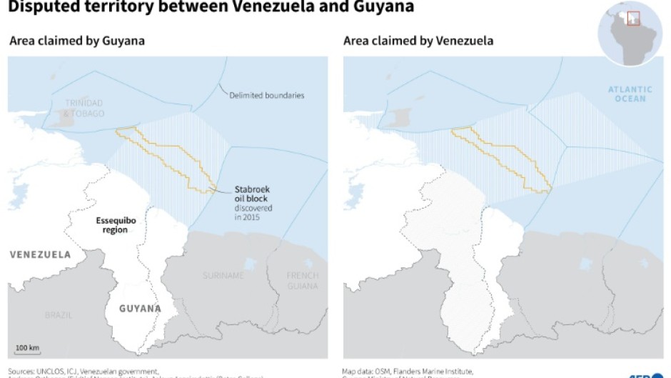 Map locating the Essequibo territory, disputed between Venezuela and Guyana
