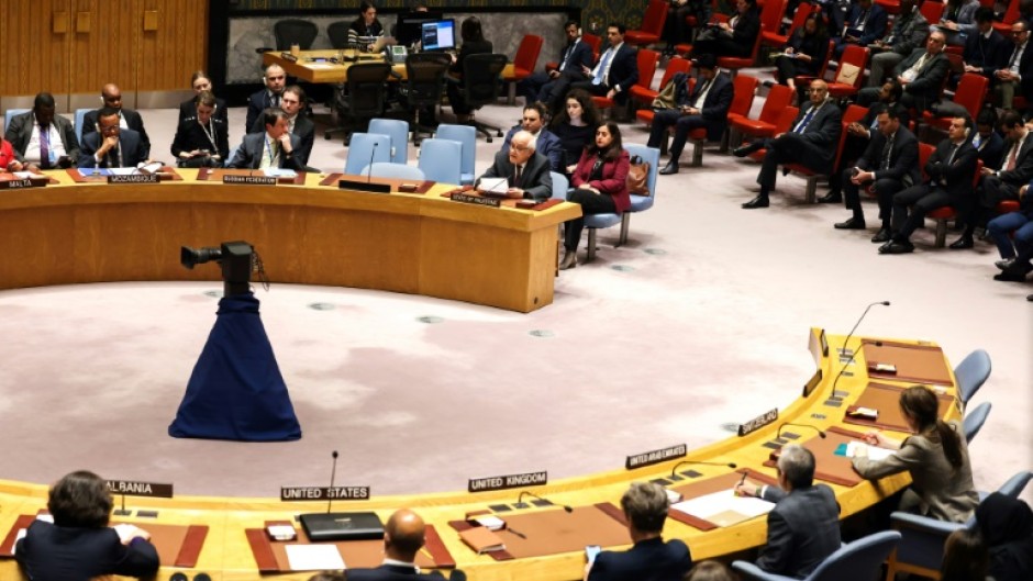 Palestinian Ambassador to the United Nations Riyad Mansour speaks during a United Nations Security Council meeting on Gaza at UN headquarters in New York on December 8, 2023