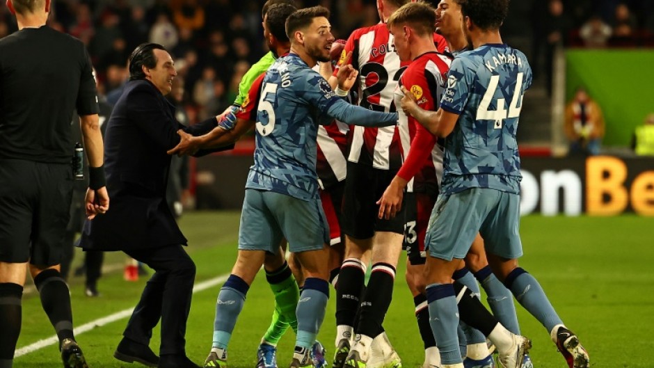 Aston Villa and Brentford players clash at the end of their Premier League match