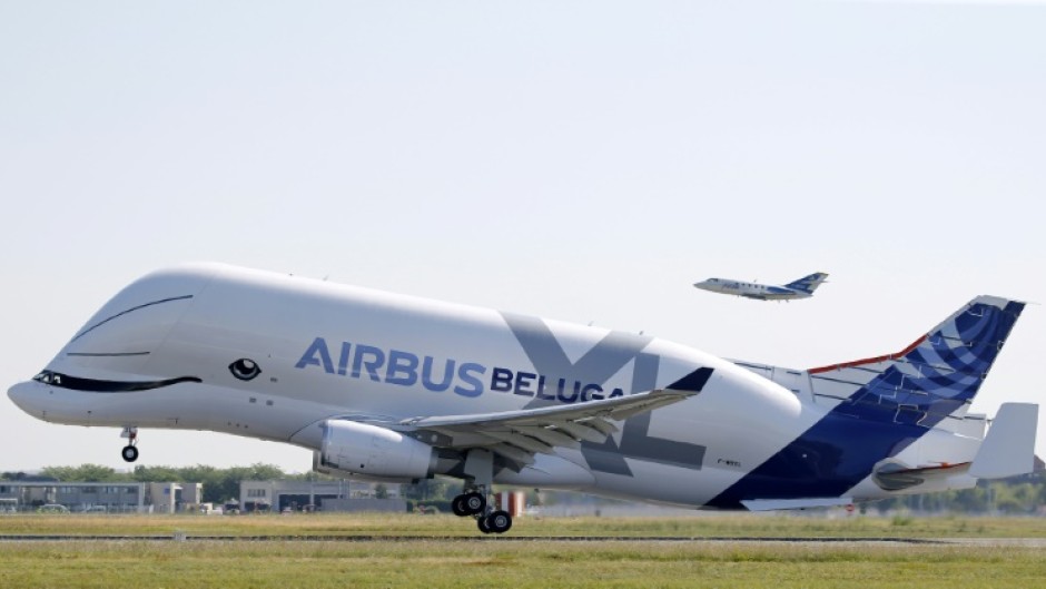 An Airbus 'BelugaXL' aircraft takes off from a runway at Toulouse-Blagnac on July 19, 2018