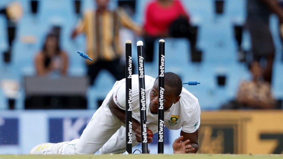 South Africa's Kagiso Rabada runs out India's Jasprit Bumrah (unseen) during the third day of the first Test  in Centurion on December 28, 2023.