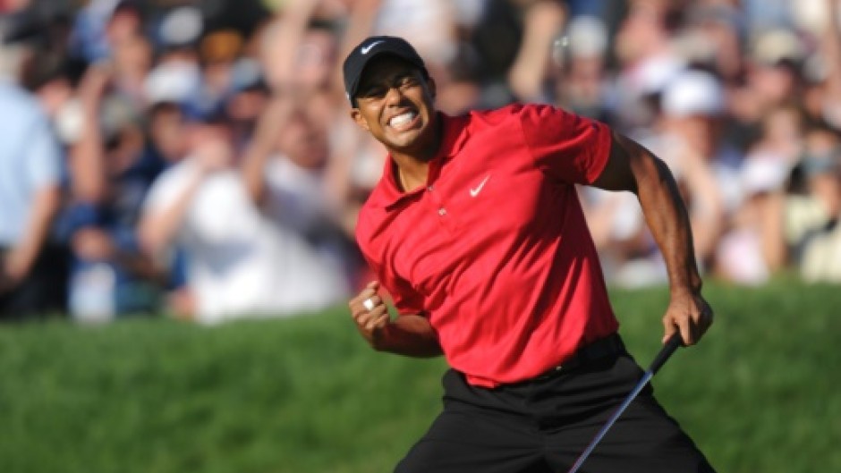 Tiger Woods celebrates his birdie putt at the 2008 US Open to force forcing a playoff with compatriot Rocco Mediate at Torrey Pines 