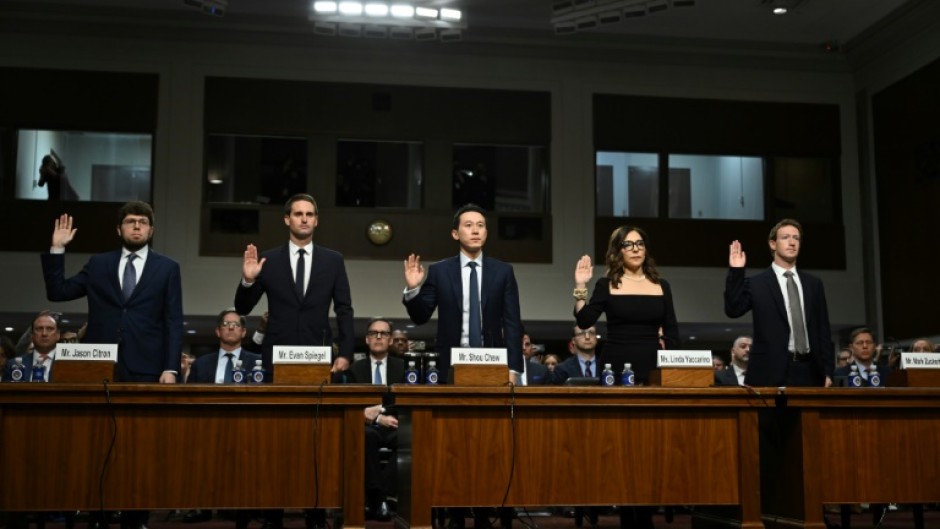 CEOs Jason Citron of Discord, Evan Spiegel of Snap, Shou Zi Chew of TikTok, Linda Yaccarino of X and Mark Zuckerberg of Meta are sworn in during a US Senate Judiciary Committee hearing