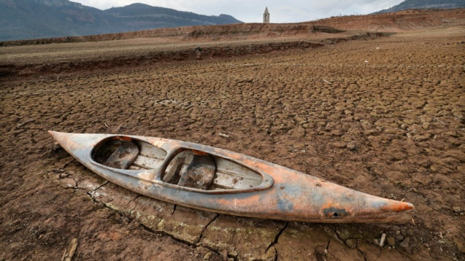 A kayak in a dried-out reservoir in Girona in Catalonia