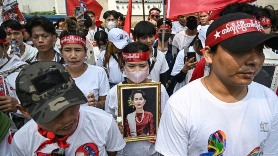 A demonstration outside the UN office in Bangkok on February 1, 2024, to mark the third anniversary of the coup in Myanmar