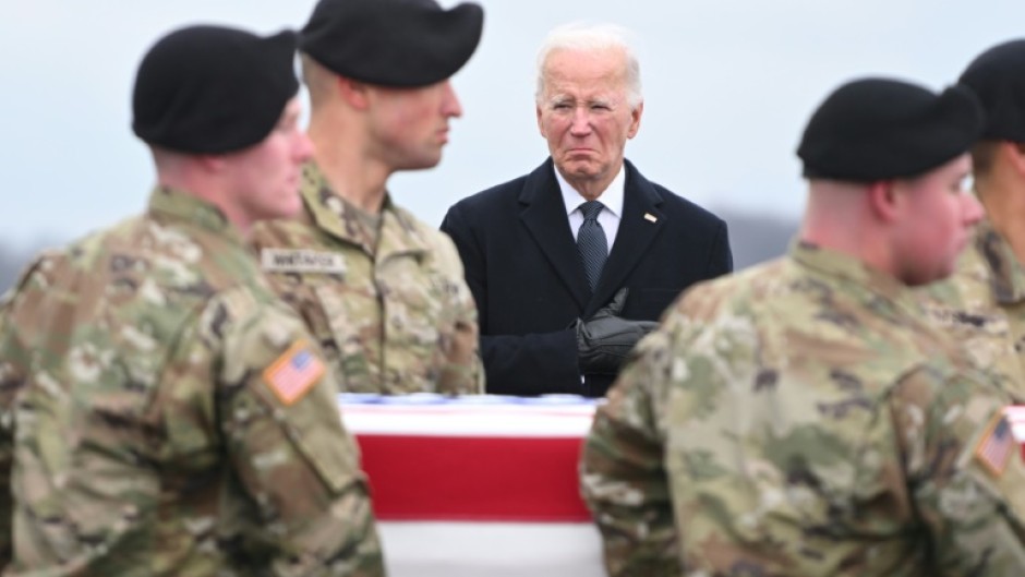 US President Joe Biden attends the dignified transfer of the remains of three US service members killed in the drone attack on the US military outpost in Jordan, at Dover Air Force Base in Dover, Delaware, on February 2, 2024
