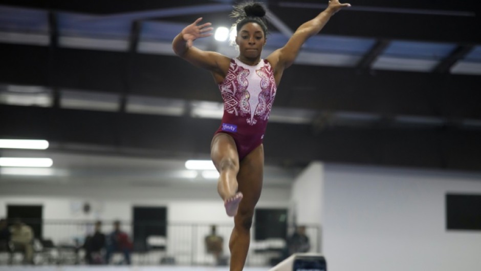 US gymnast Simone Biles participates in a work out at the USA Gymnastics Women’s Artistic and Rhythmic Gymnastics Media Day in Katy, Texas 