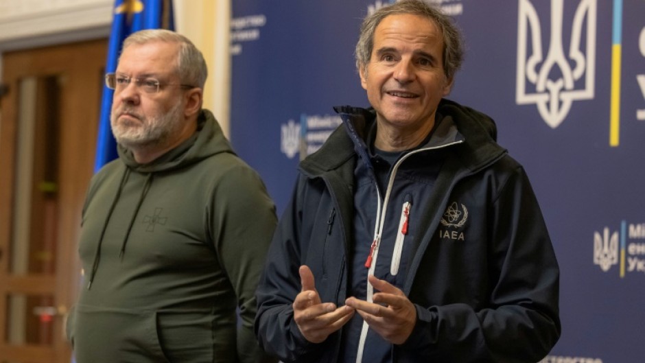 IAEA chief Rafael Grossi (R) and Ukrainian Minister of Energy German Galushchenko addressed media in Kyiv ahead of a Wednesday visit to the Russian-held Zaporizhzhia plant