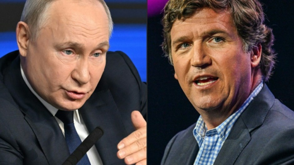 (COMBO) This combination of file pictures created on February 6, 2024, shows
Russian President in Moscow and US conservative political commentator Tucker Carlson in West Palm Beach, Florida