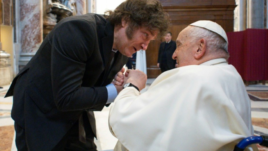 This photo taken and handout on February 12, 2024 by The Vatican Media shows Pope Francis during a private audience with Argentinian President Javier Milei in The Vatican.