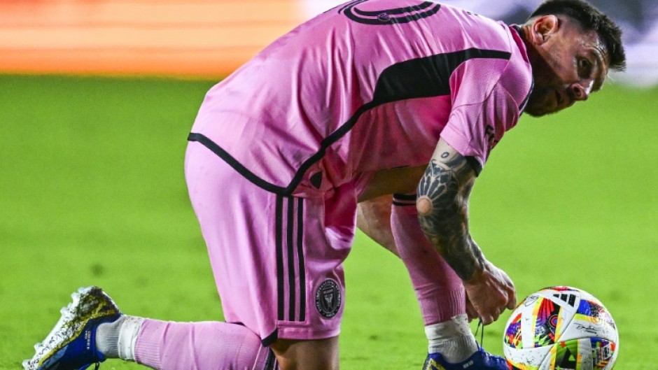 Inter Miami striker Lionel Messi prepares a kick during a 1-1 draw between the MLS side and Messi's Argentine boyhood club, Newell's Old Boys