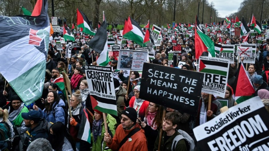Pro-Palestinian activists and supporters wave flags and carry placards during a National March for Palestine in central London 