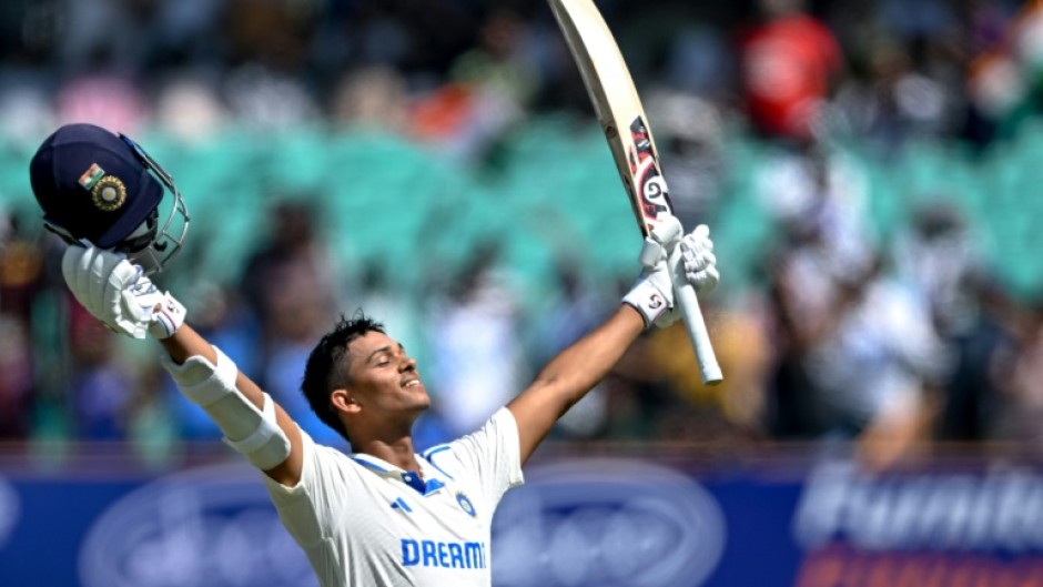 India's Yashasvi Jaiswal celebrates after scoring a double century during the fourth day of the third Test cricket match between India and England  