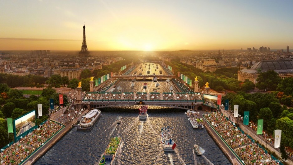 A computer-generated image of the opening ceremony of the 2024 Paris Olympics on the river Seine