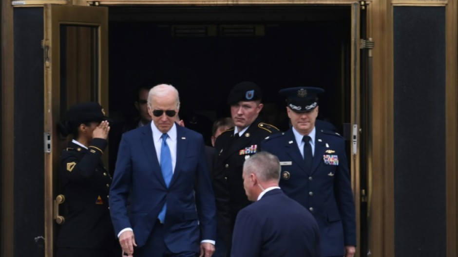 US President Joe Biden exits Walter Reed Army Medical Center in Bethesda, Maryland, following his routine annual physical, on February 28, 2024.