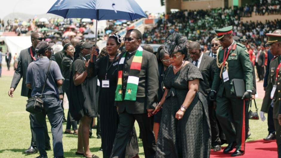 Zimbabwe President Emmerson Mnangagwa arrives at the Independence Stadium in Windhoek, Namibia in February 2024 for the memorial service of late president Hage Geingob