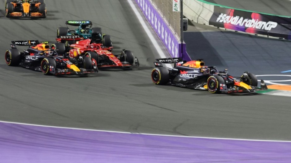 Max Verstappen leads his Red Bull teammate Sergio Perez to victory in Jeddah 