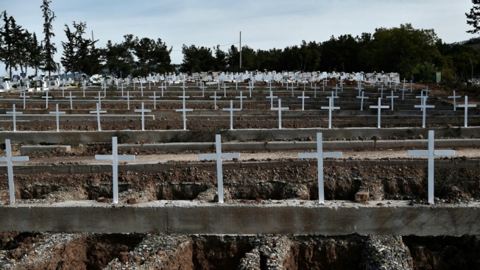 A cemetery for Covid victims in Greece's Thessaloniki. A new study says 15.9 million deaths were linked to Covid in 2020-2021