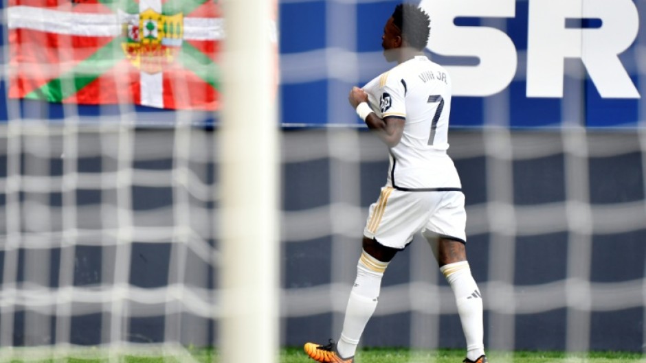 Real Madrid's Vinicius Junior celebrates scoring the opening goal in his team's rout of Osasuna on Saturday