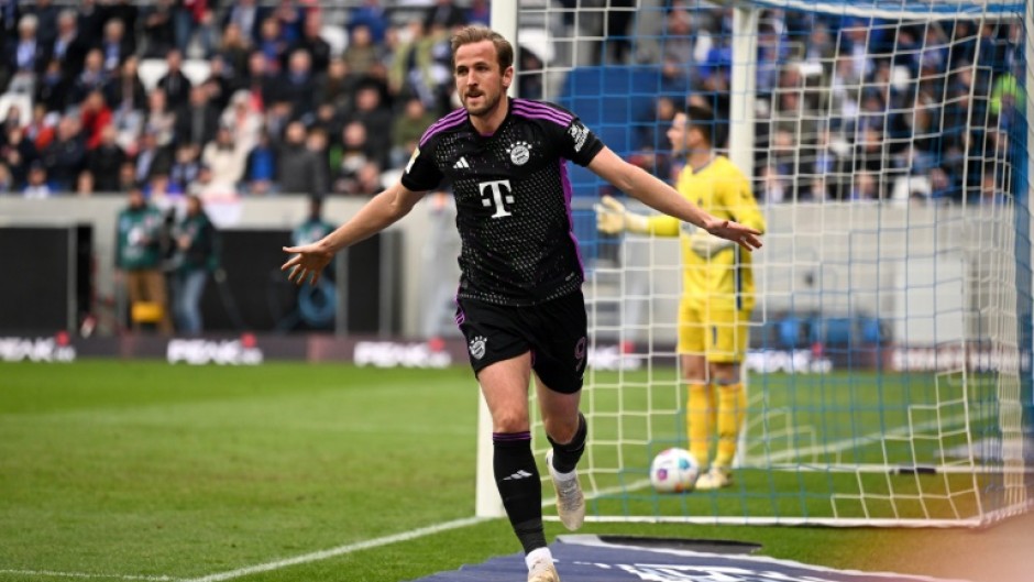 Harry Kane celebrates his goal against Darmstadt, which broke the record for the most Bundesliga goals in a debut season