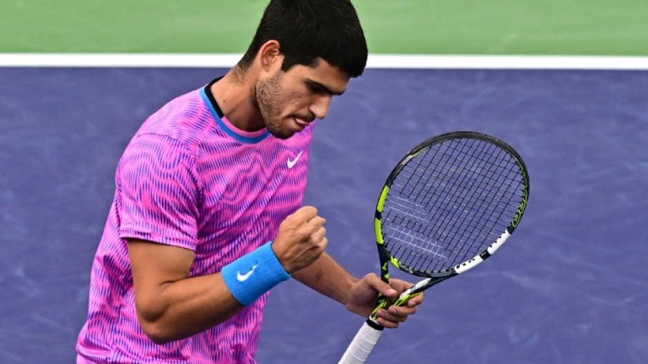 Spain's Carlos Alcaraz celebrates a point on the way to a semi-final victory over Jannik Sinner at the ATP-WTA Indian Wells Masters