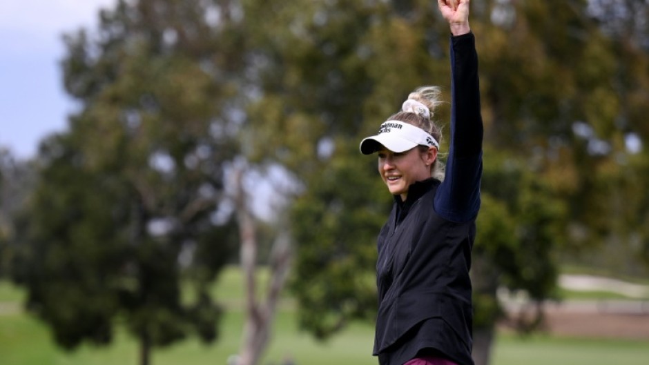 American Nelly Korda celebrates her birdie at the first playoff hole to win the LPGA Seri Pak Championship in Los Angeles