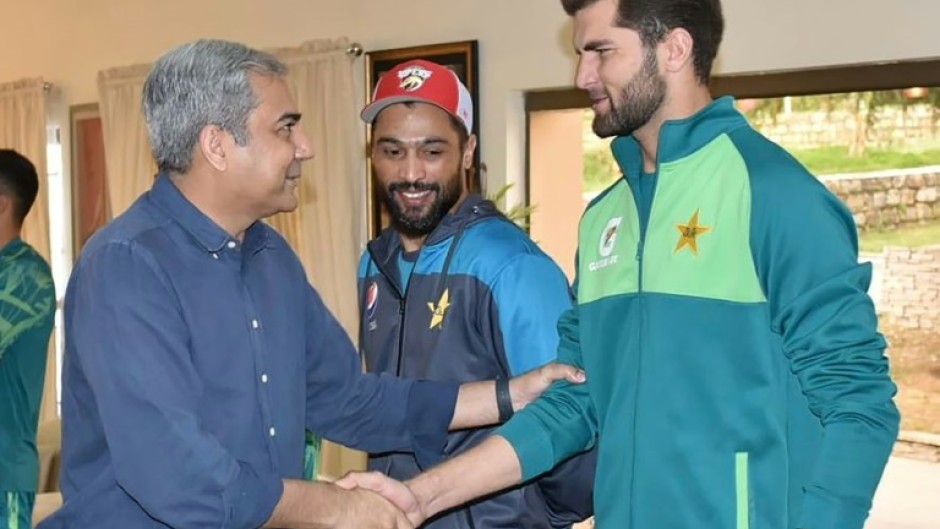 Pakistan Cricket Board chairman Mohsin Naqvi (left) meeting Shaheen Shah Afridi on Sunday