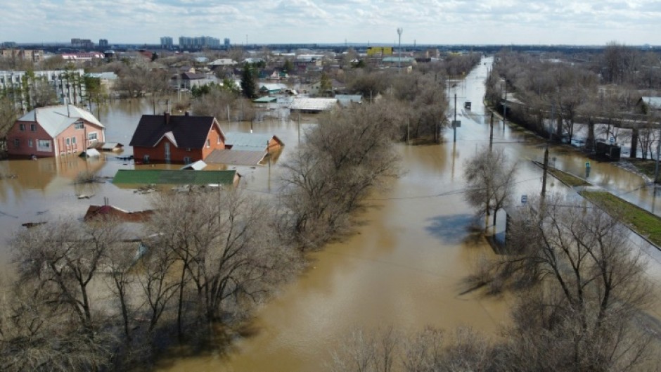 An aerial view shows the flood-hit city of Orenburg