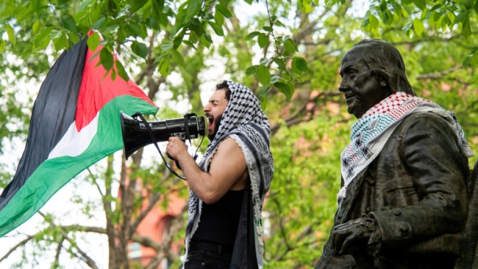 Pro-Palestinian students of Drexel University and the University of Pennsylvania demonstrate as they march from the City Hall to the University of Pennsylvania campus in Philadelphia 