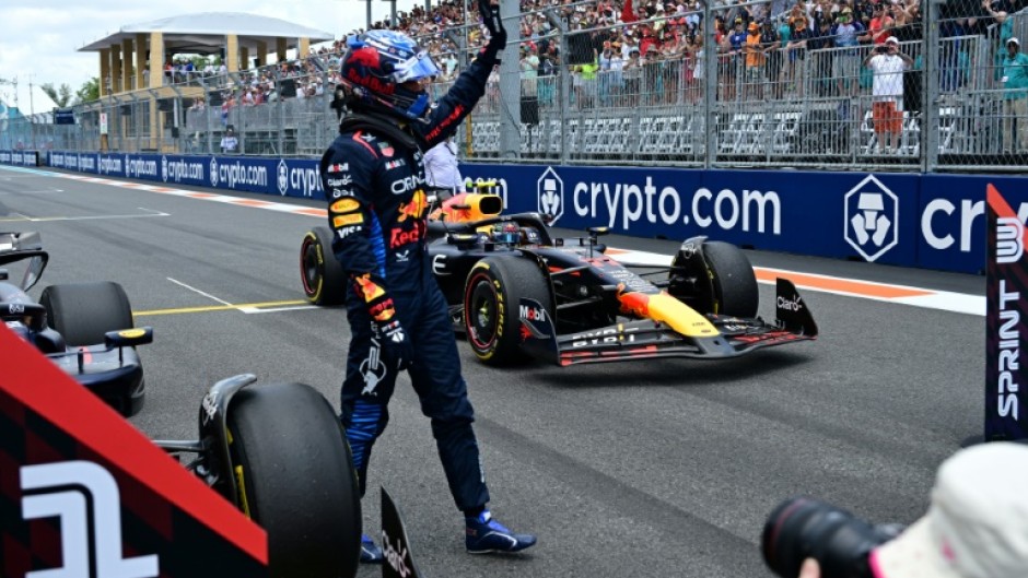 Red Bull's Max Verstappen waves to fans after winning the sprint race at the Miami Grand Prix on Saturday

