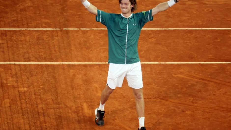 Russia's Andrey Rublev celebrates beating Canada's Felix Auger-Aliassime in the Madrid Open final on Sunday