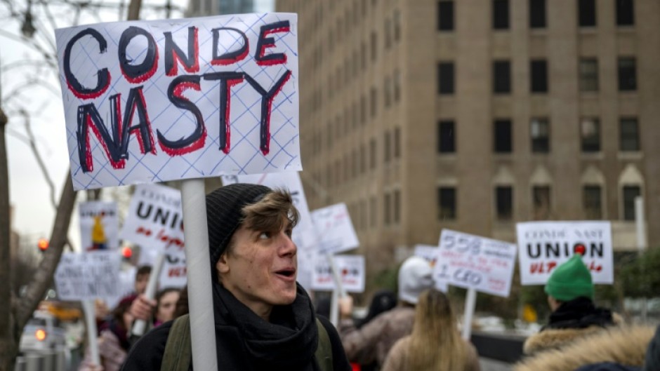 Unionized staff at Conde Nast are seen during a January 2024 walkout amid layoff announcements -- a deal was announced hours before the Met Gala